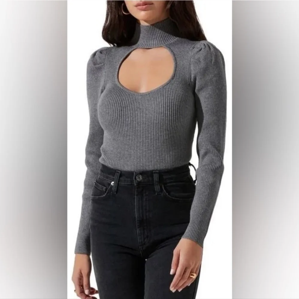 ASTR THE LABEL Front Cutout Sexy Gray Ribbed Bodysuit Size Small EUC Stretch - Picture 3 of 7